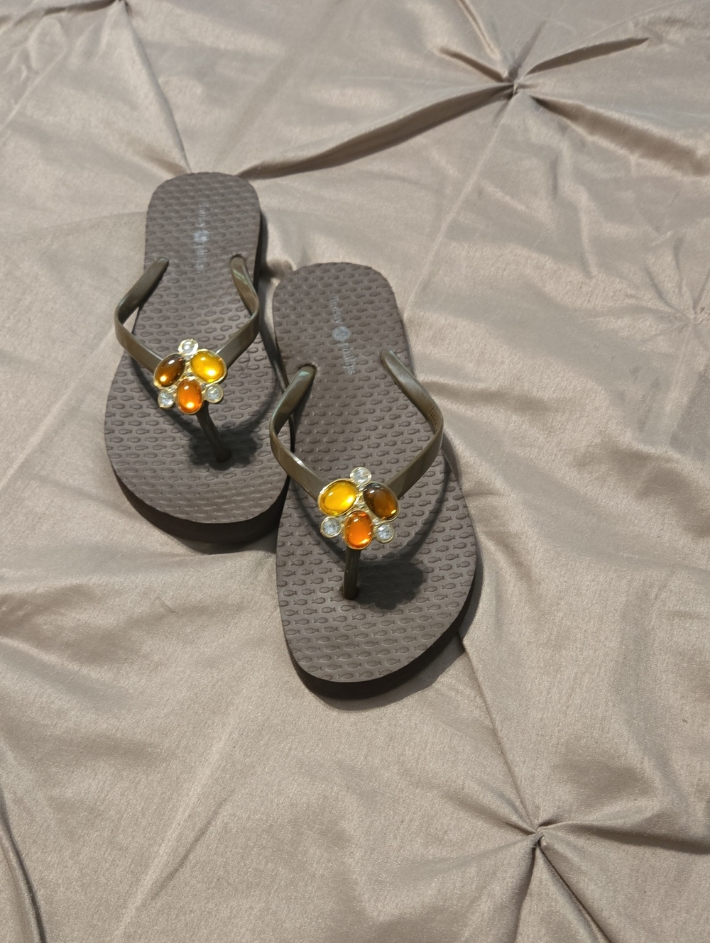 Brown Flip Flop Sandals with Amber Gem Flower
